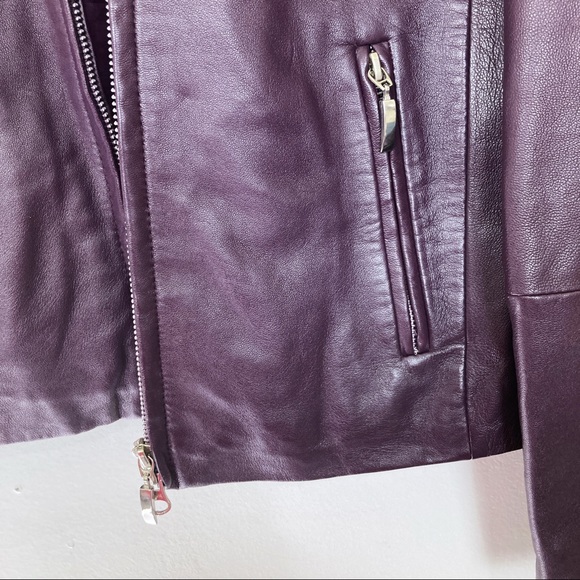 Vintage y2k purple leather jacket plum short cropped minimalist chic fitted - Picture 12 of 15